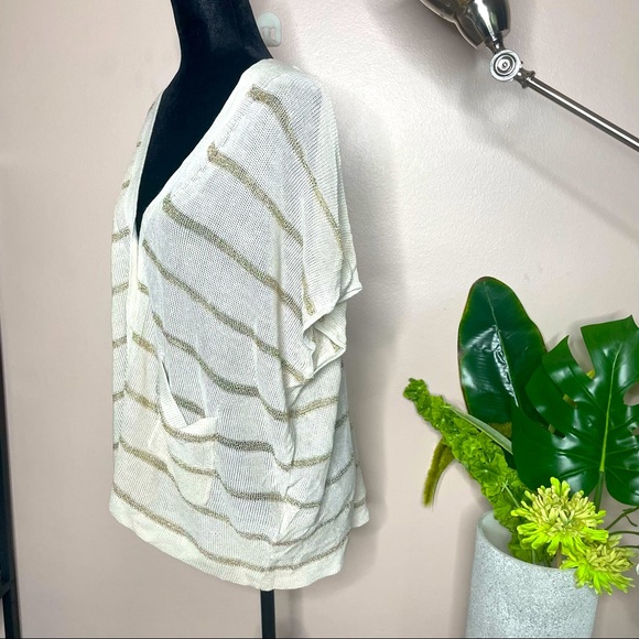 H&M Striped Sheer Knit Buttondown Cap Sleeves V-neckline Cardigan Top Sweater - Picture 4 of 5